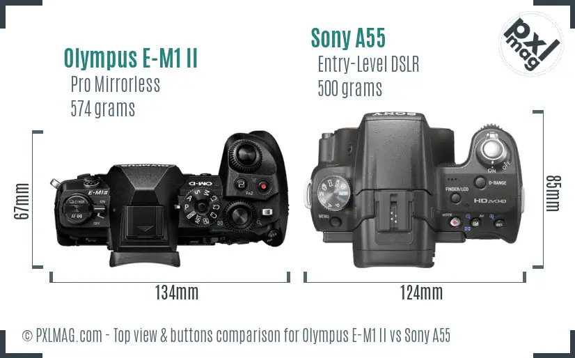 Olympus E-M1 II vs Sony A55 top view buttons comparison