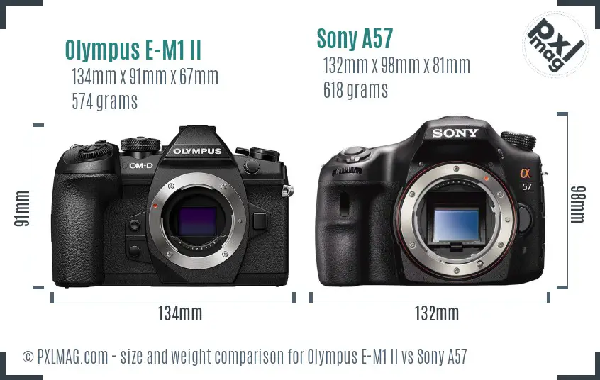 Olympus E-M1 II vs Sony A57 size comparison