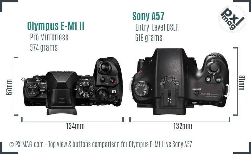 Olympus E-M1 II vs Sony A57 top view buttons comparison