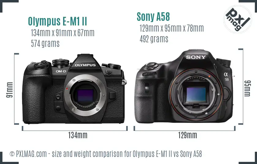 Olympus E-M1 II vs Sony A58 size comparison