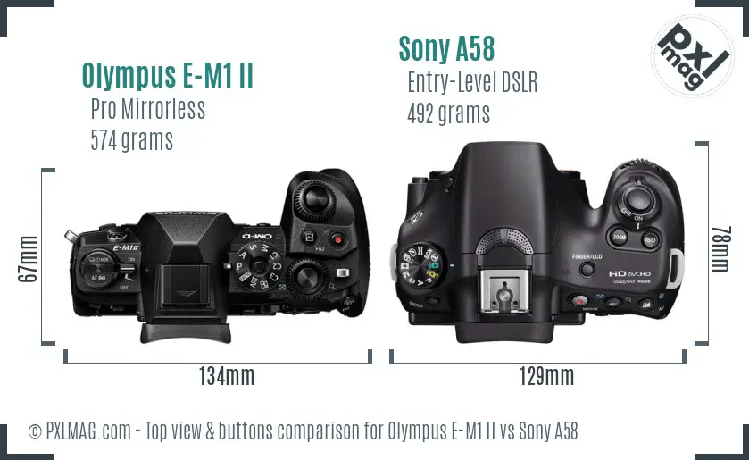 Olympus E-M1 II vs Sony A58 top view buttons comparison