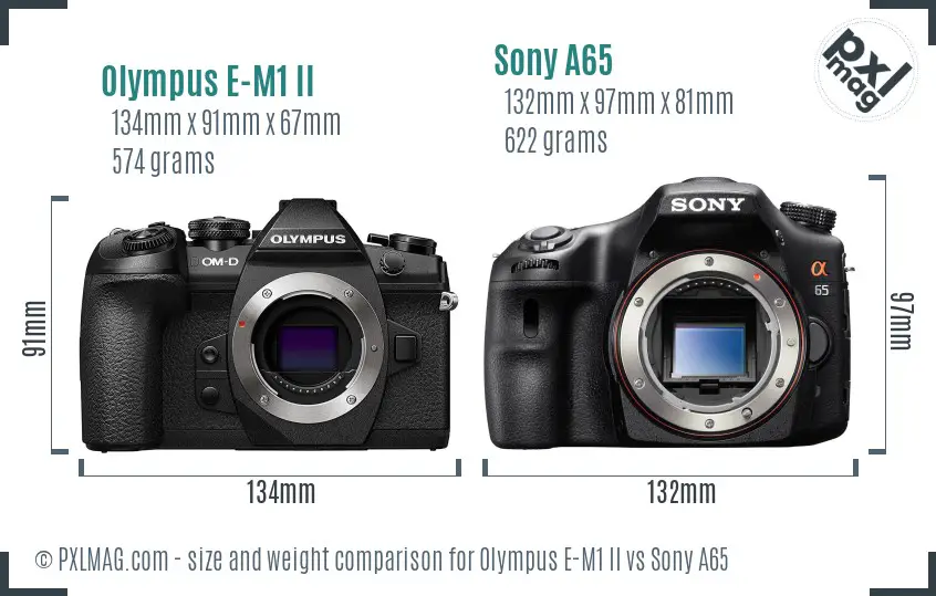 Olympus E-M1 II vs Sony A65 size comparison