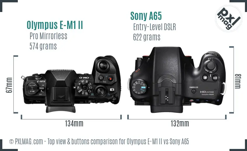 Olympus E-M1 II vs Sony A65 top view buttons comparison