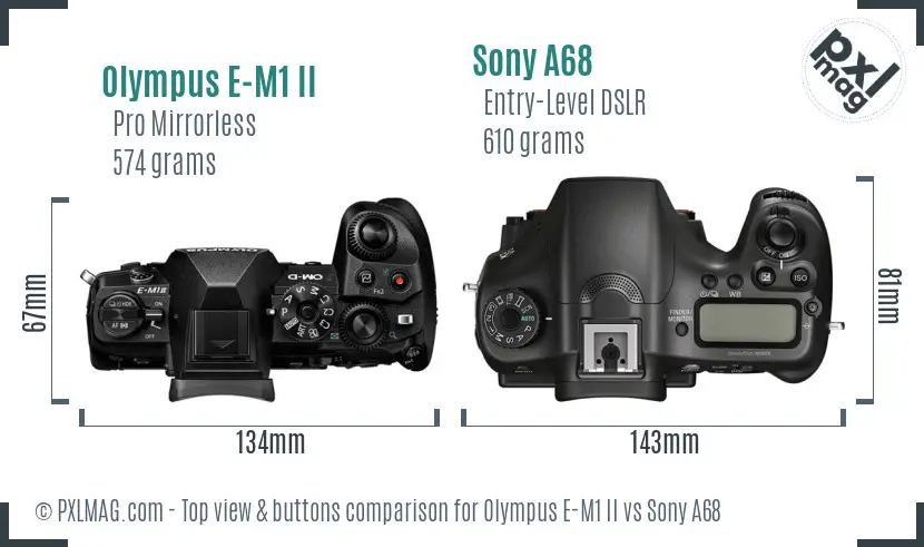 Olympus E-M1 II vs Sony A68 top view buttons comparison