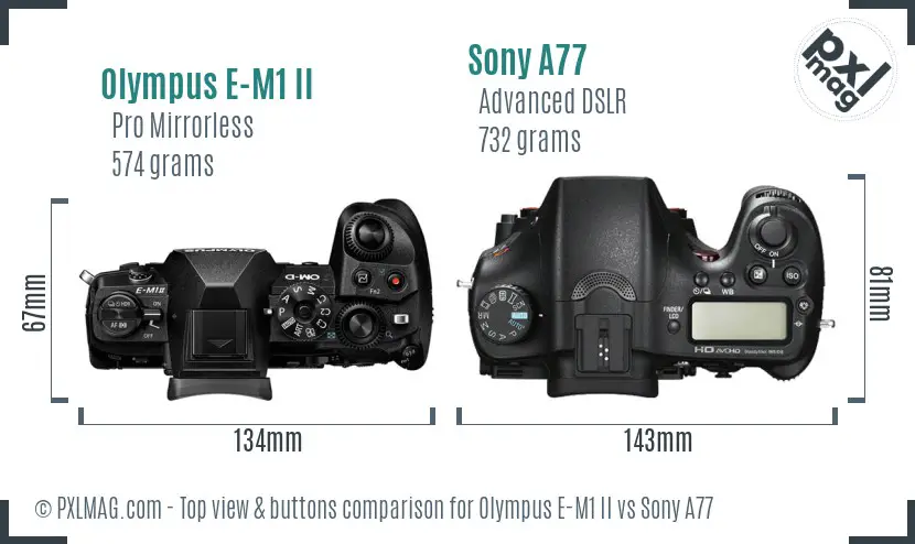 Olympus E-M1 II vs Sony A77 top view buttons comparison