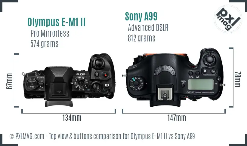 Olympus E-M1 II vs Sony A99 top view buttons comparison Olympus E-M1 II vs Sony A99 top view buttons comparison