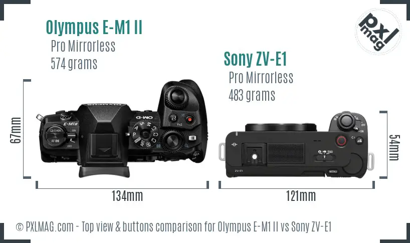 Olympus E-M1 II vs Sony ZV-E1 top view buttons comparison
