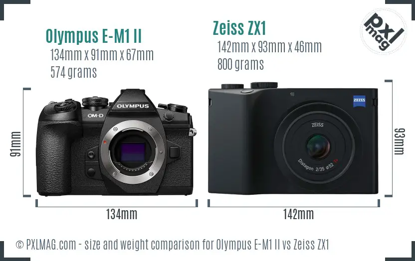 Olympus E-M1 II vs Zeiss ZX1 size comparison