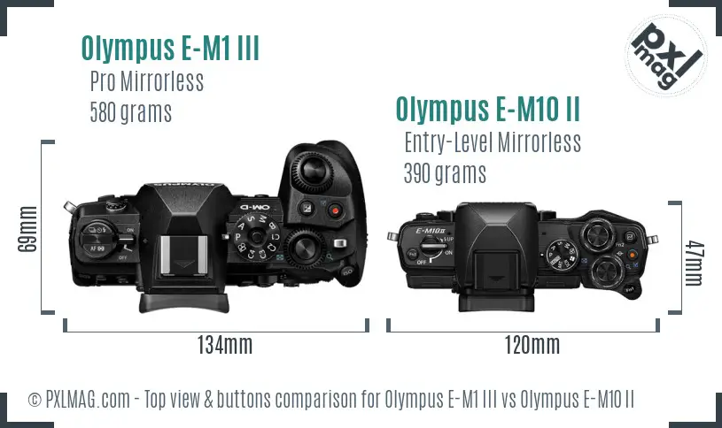 Olympus E-M1 III vs Olympus E-M10 II top view buttons comparison