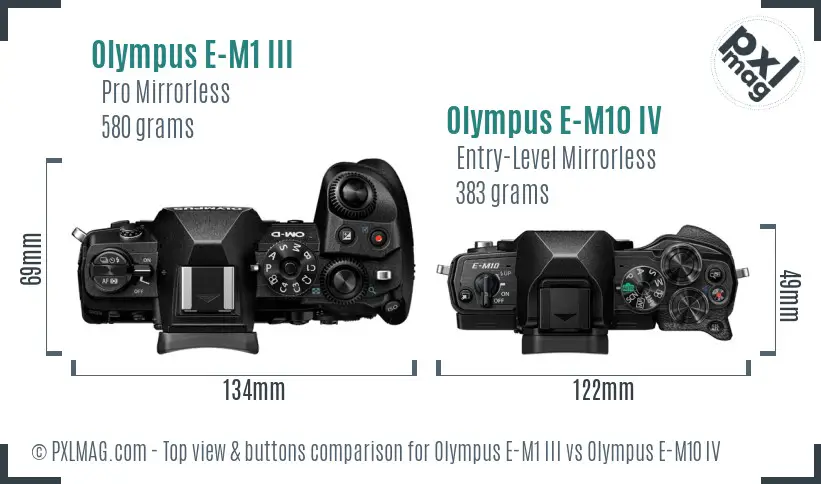 Olympus E-M1 III vs Olympus E-M10 IV top view buttons comparison