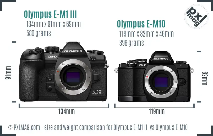 Olympus E-M1 III vs Olympus E-M10 size comparison