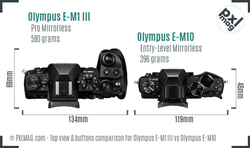 Olympus E-M1 III vs Olympus E-M10 top view buttons comparison
