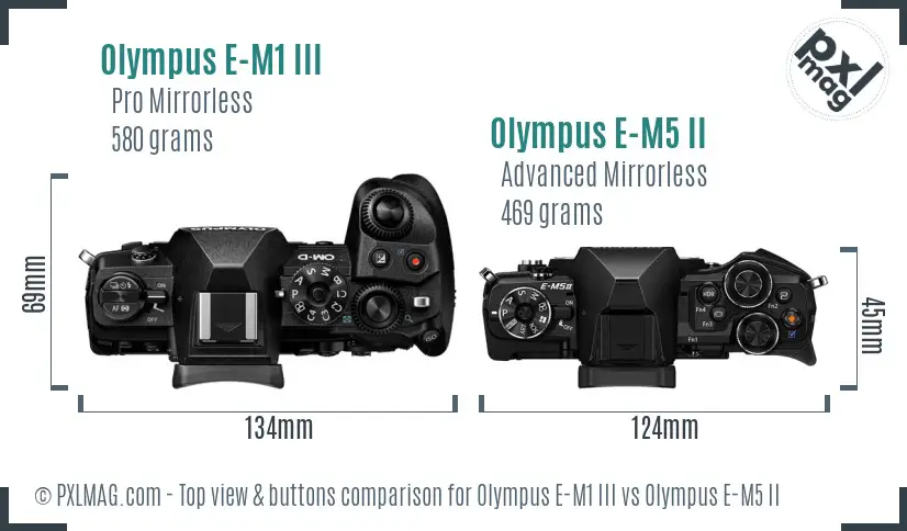 Olympus E-M1 III vs Olympus E-M5 II top view buttons comparison