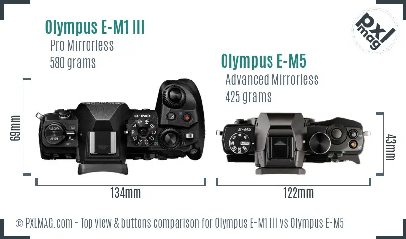 Olympus E-M1 III vs Olympus E-M5 top view buttons comparison
