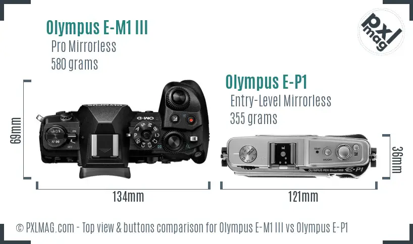 Olympus E-M1 III vs Olympus E-P1 top view buttons comparison