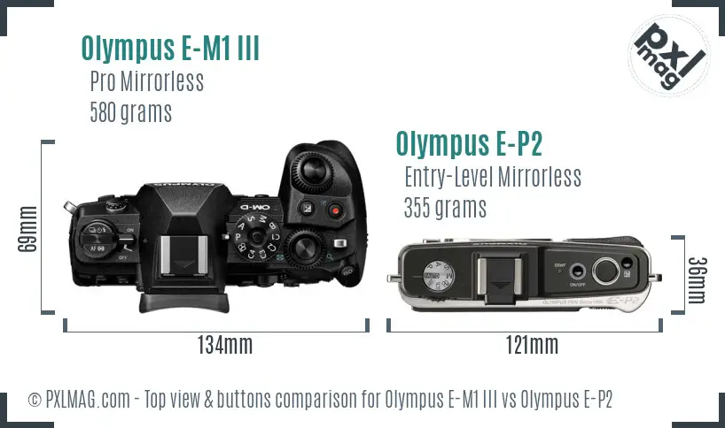 Olympus E-M1 III vs Olympus E-P2 top view buttons comparison