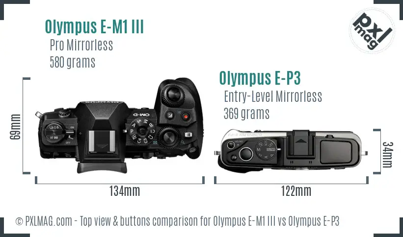 Olympus E-M1 III vs Olympus E-P3 top view buttons comparison