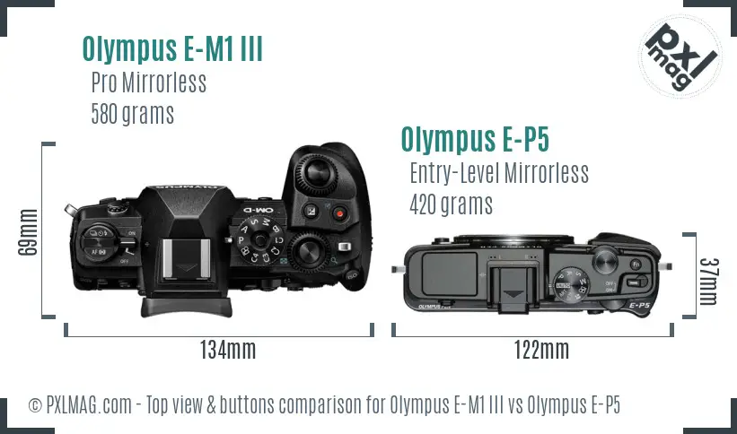 Olympus E-M1 III vs Olympus E-P5 top view buttons comparison