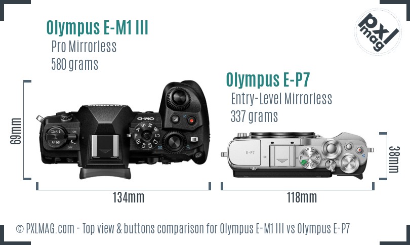 Olympus E-M1 III vs Olympus E-P7 top view buttons comparison