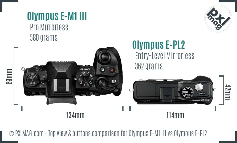 Olympus E-M1 III vs Olympus E-PL2 top view buttons comparison