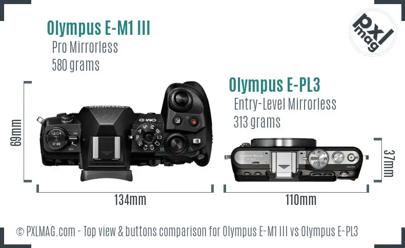 Olympus E-M1 III vs Olympus E-PL3 top view buttons comparison