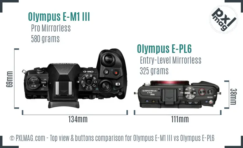 Olympus E-M1 III vs Olympus E-PL6 top view buttons comparison