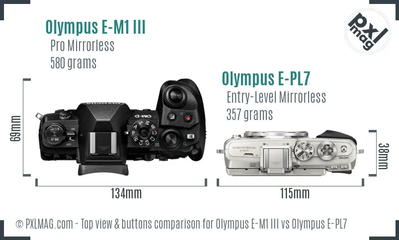 Olympus E-M1 III vs Olympus E-PL7 top view buttons comparison