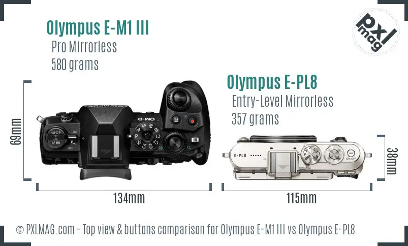 Olympus E-M1 III vs Olympus E-PL8 top view buttons comparison