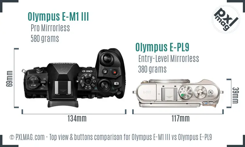 Olympus E-M1 III vs Olympus E-PL9 top view buttons comparison