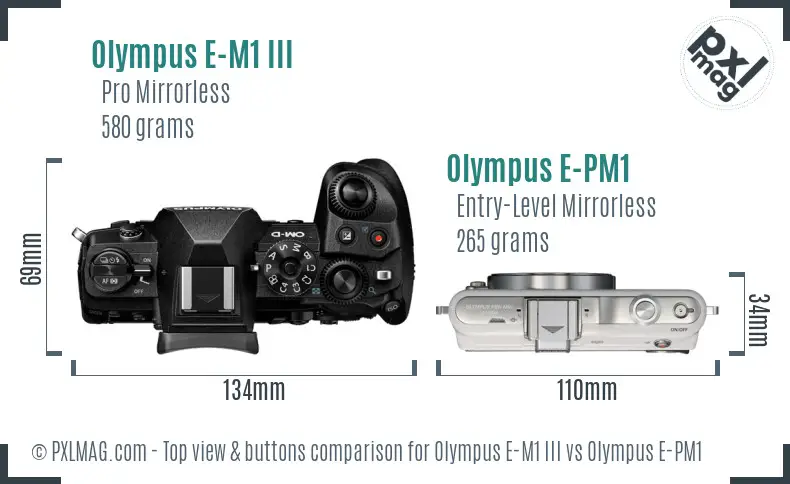 Olympus E-M1 III vs Olympus E-PM1 top view buttons comparison