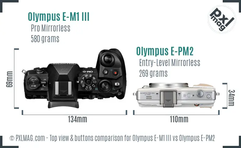 Olympus E-M1 III vs Olympus E-PM2 top view buttons comparison