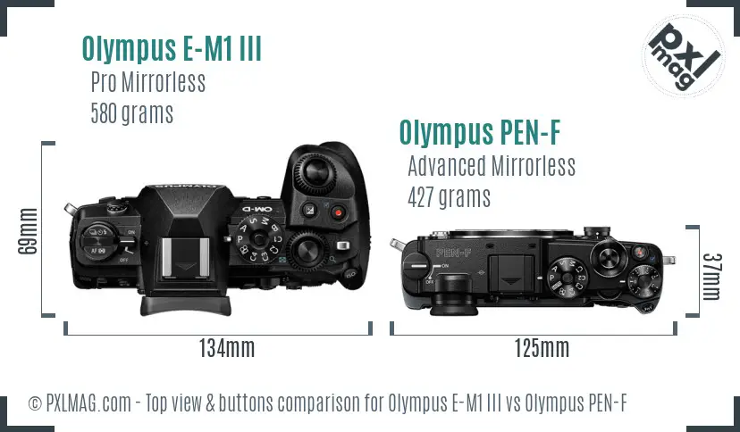Olympus E-M1 III vs Olympus PEN-F top view buttons comparison