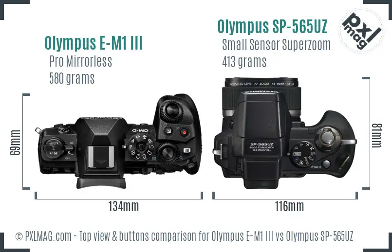 Olympus E-M1 III vs Olympus SP-565UZ top view buttons comparison