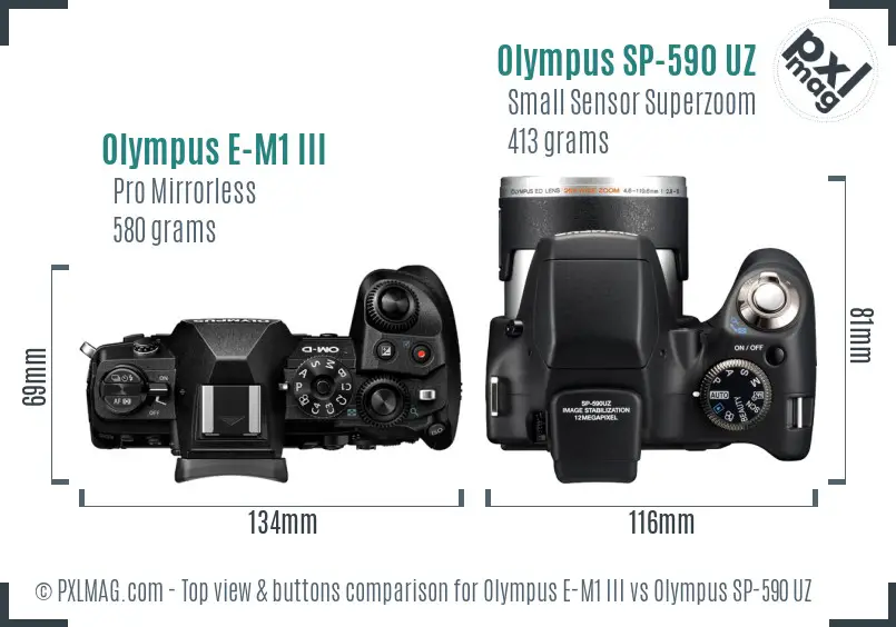 Olympus E-M1 III vs Olympus SP-590 UZ top view buttons comparison