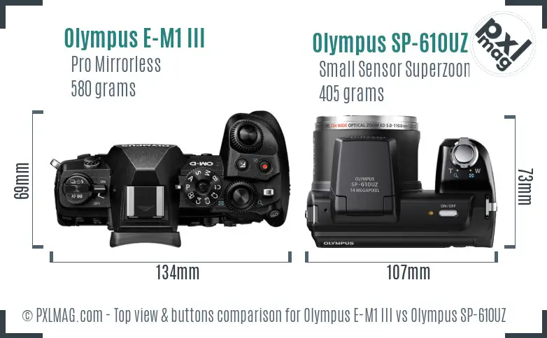 Olympus E-M1 III vs Olympus SP-610UZ top view buttons comparison