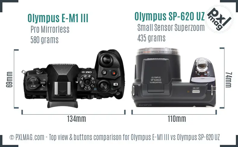 Olympus E-M1 III vs Olympus SP-620 UZ top view buttons comparison
