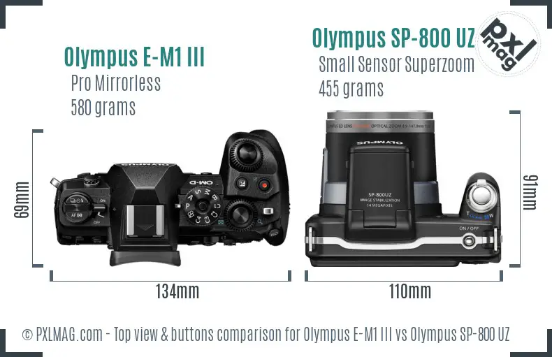 Olympus E-M1 III vs Olympus SP-800 UZ top view buttons comparison