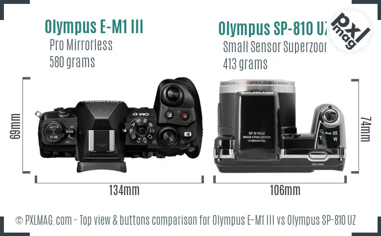 Olympus E-M1 III vs Olympus SP-810 UZ top view buttons comparison