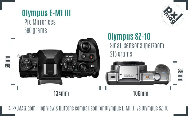 Olympus E-M1 III vs Olympus SZ-10 top view buttons comparison