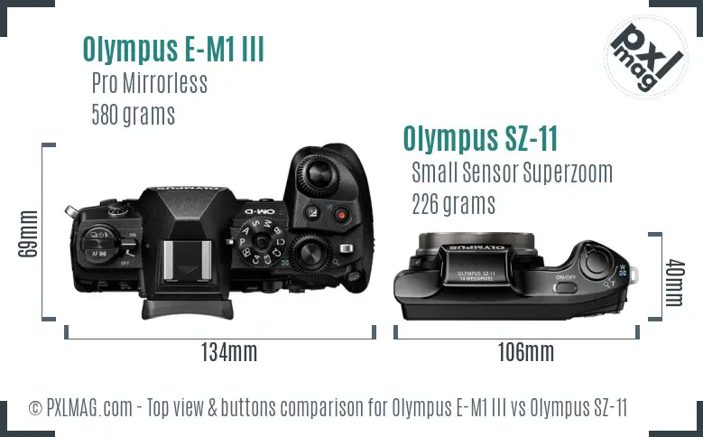 Olympus E-M1 III vs Olympus SZ-11 top view buttons comparison