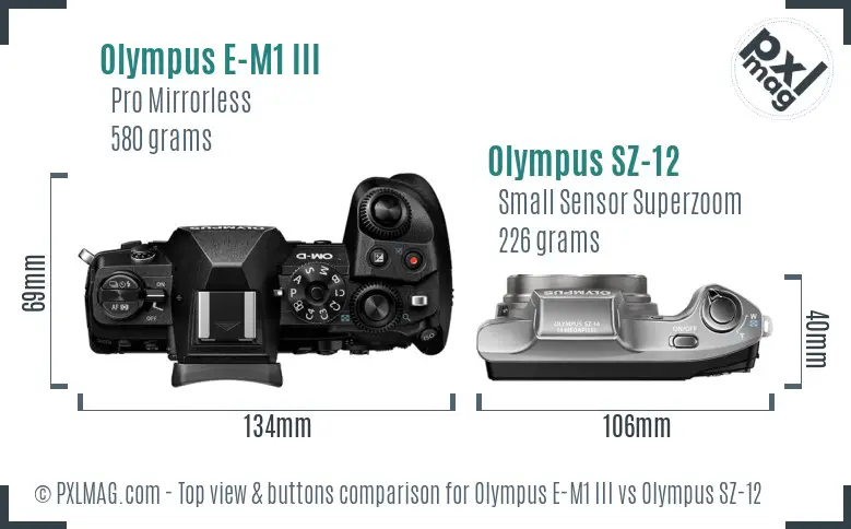 Olympus E-M1 III vs Olympus SZ-12 top view buttons comparison