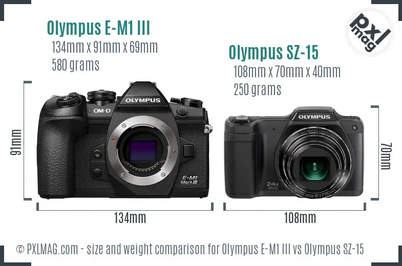 Olympus E-M1 III vs Olympus SZ-15 size comparison