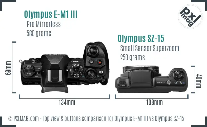 Olympus E-M1 III vs Olympus SZ-15 top view buttons comparison