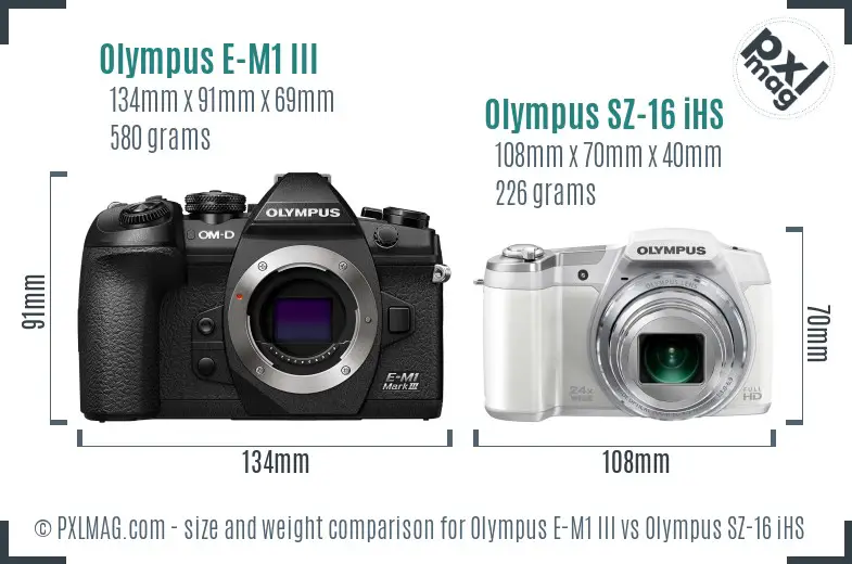 Olympus E-M1 III vs Olympus SZ-16 iHS size comparison