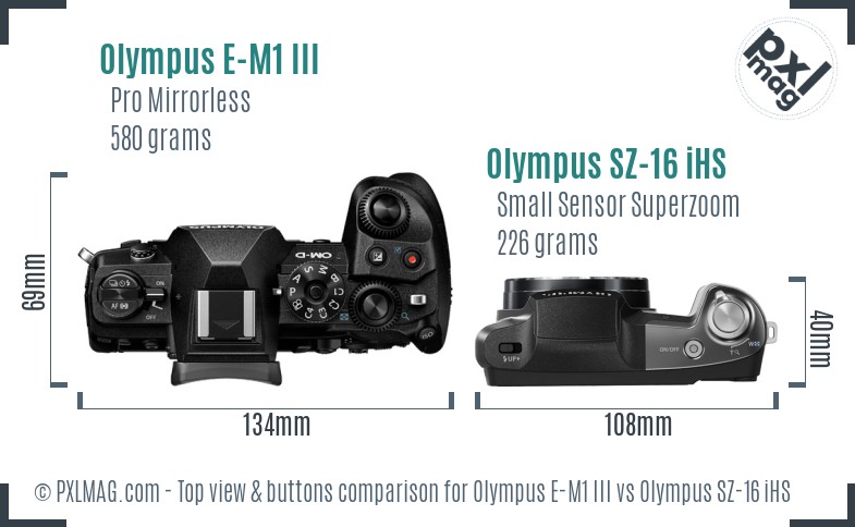 Olympus E-M1 III vs Olympus SZ-16 iHS top view buttons comparison