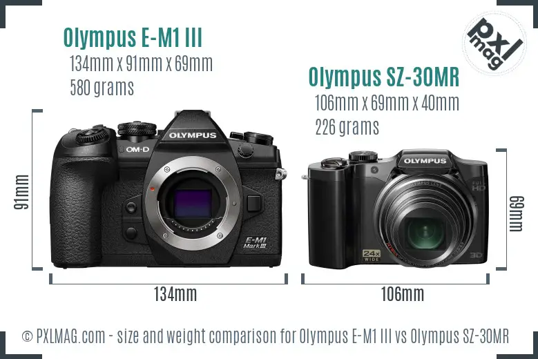 Olympus E-M1 III vs Olympus SZ-30MR size comparison