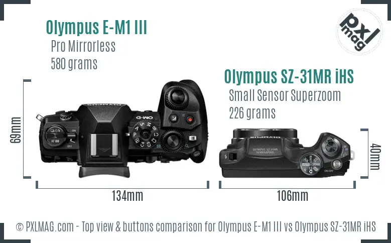 Olympus E-M1 III vs Olympus SZ-31MR iHS top view buttons comparison