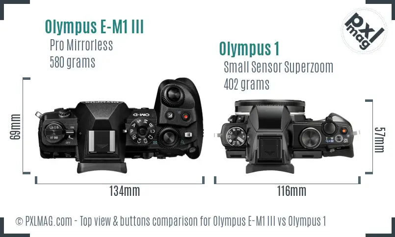 Olympus E-M1 III vs Olympus 1 top view buttons comparison
