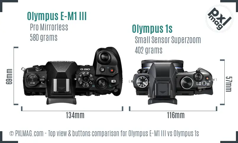 Olympus E-M1 III vs Olympus 1s top view buttons comparison