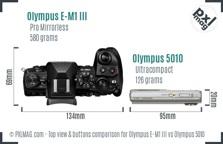 Olympus E-M1 III vs Olympus 5010 top view buttons comparison